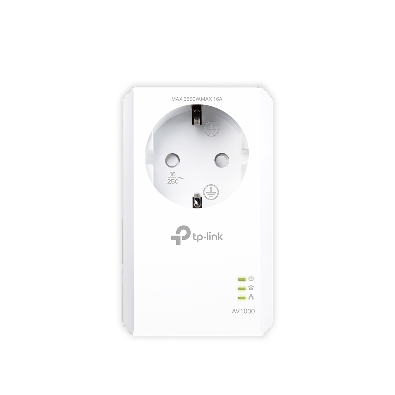 Adaptador de línea eléctrica TP-Link AV1000 blanco con enchufe y 3 luces indicadoras verdes.