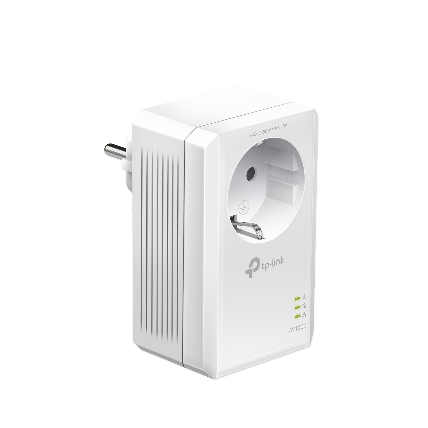 Un adaptador de línea eléctrica blanco con un enchufe y tres luces indicadoras, sobre fondo blanco.