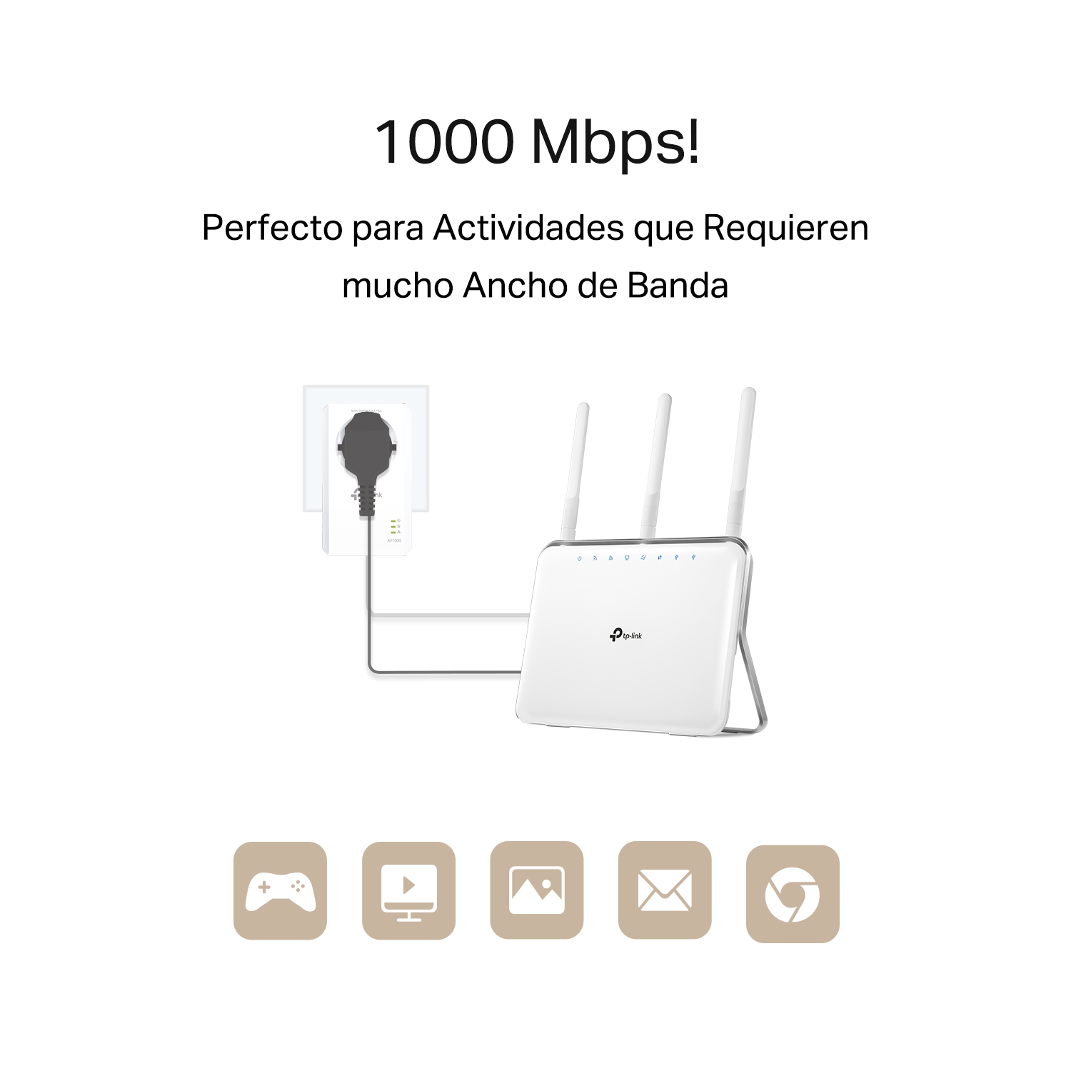 Enrutador blanco con antenas, un enchufe e iconos gráficos sobre fondo blanco.