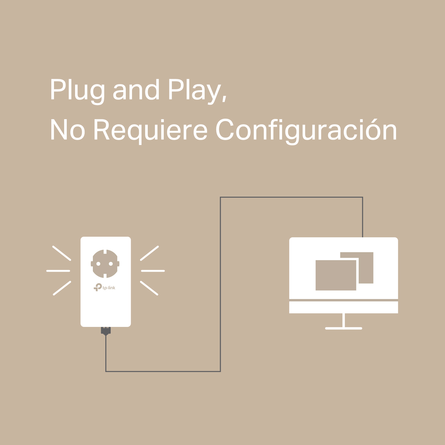 Enchufe blanco con cable a un icono de monitor de computadora sobre fondo beige. Texto: Plug and Play.