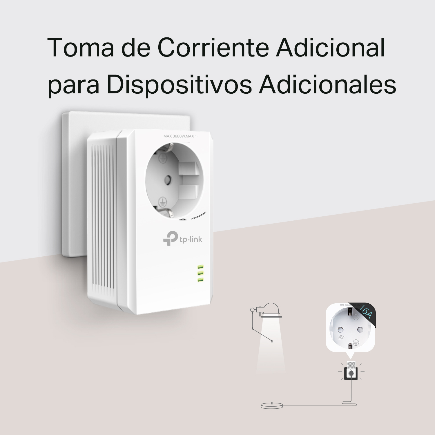 Adaptador de enchufe blanco. El texto superior dice 'Toma de corriente adicional para dispositivos adicionales'.