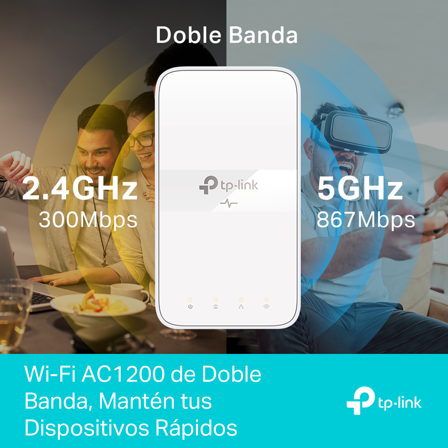 Un enrutador Wi-Fi con personas en el fondo. Tiene capacidades de doble banda.