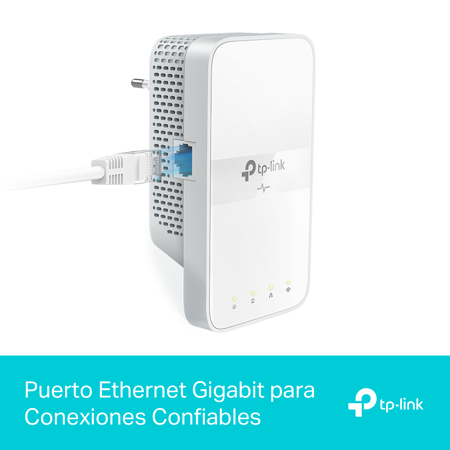 Un dispositivo TP-Link blanco enchufado a una pared con un cable Ethernet conectado.