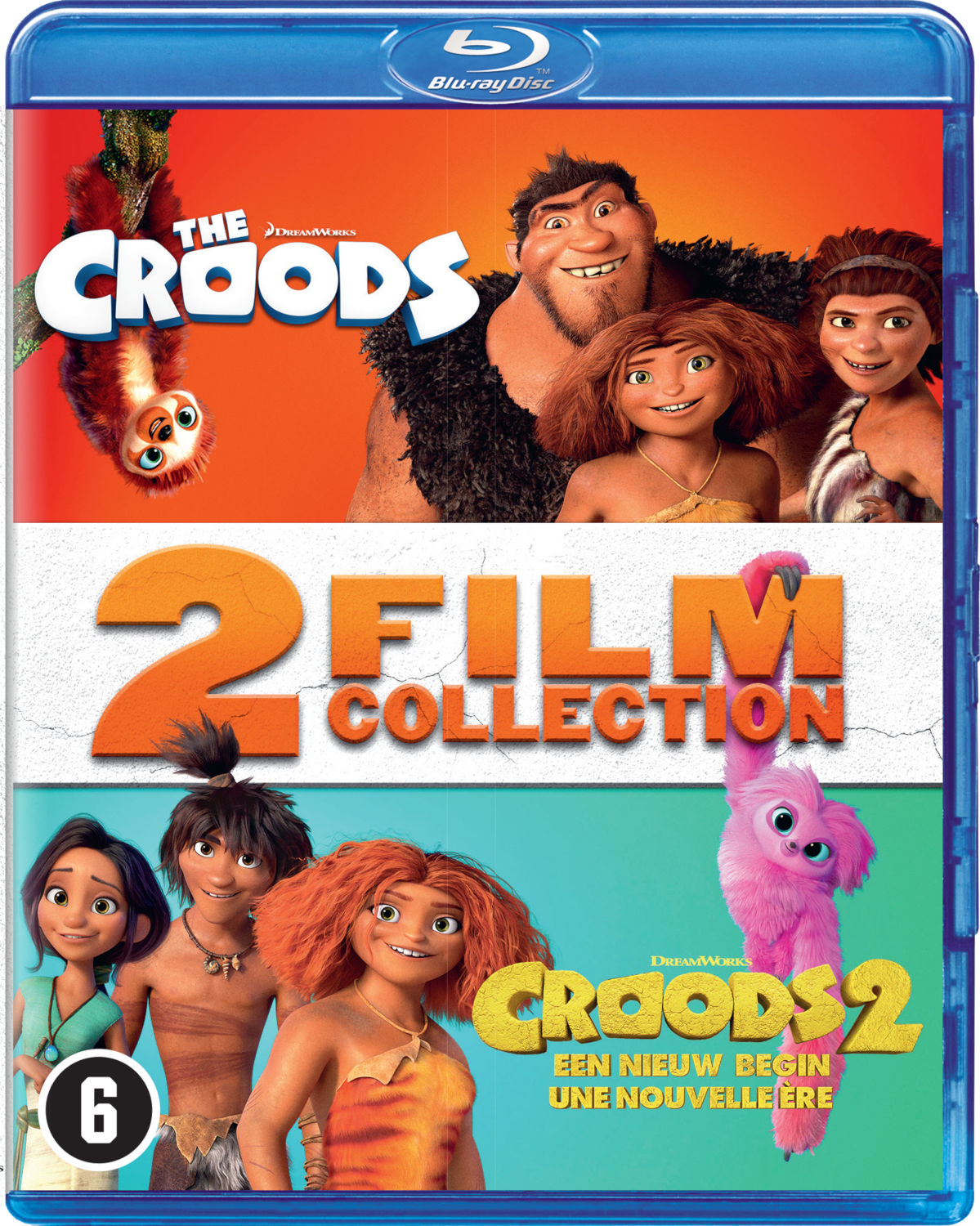 Boîtier Blu-ray. Collection des films d'animation "Les Croods" et "Les Croods 2" avec des personnages.