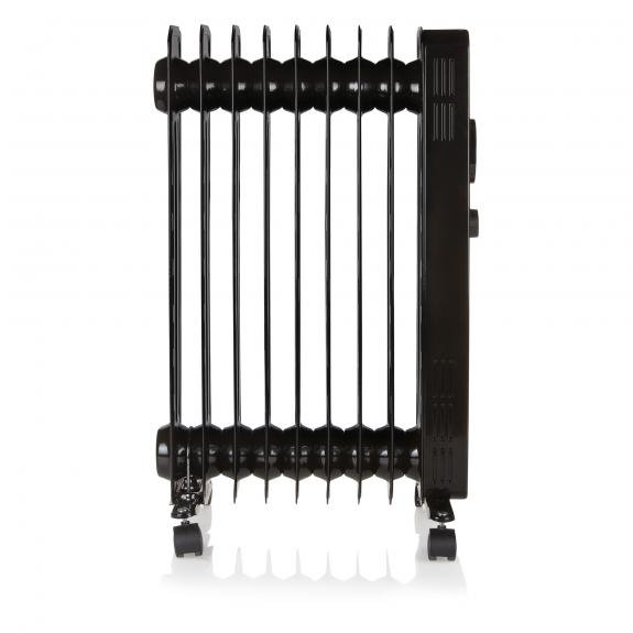 A black oil-filled radiator on wheels, seen from the front.