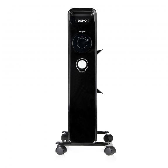 Black electric heater with controls and wheels, isolated on white background.
