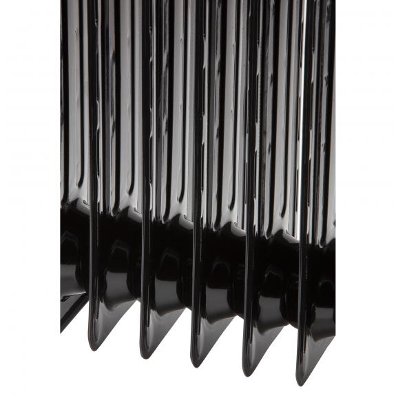 Close-up of a black electric radiator with vertical fins. The lines are glossy.