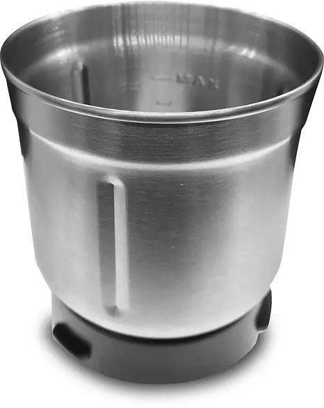 A stainless steel blender cup on a black base. The cup has a maximum fill line marked on it.