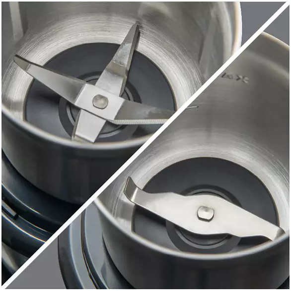 Two views of a blender blade.  The blades are silver and in a gray container.