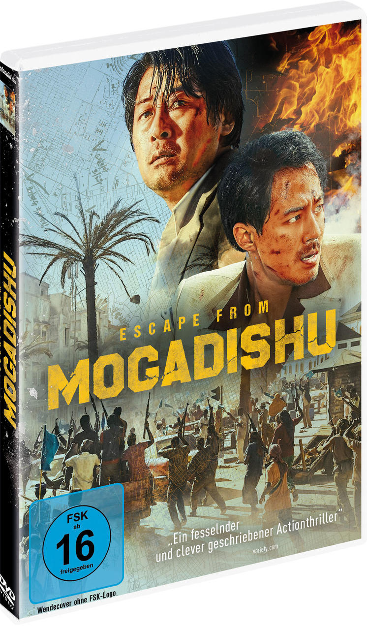 DVD-Cover: zwei Männer, Feuer, Menschenmenge. Titel lautet 'Escape from Mogadishu'.
