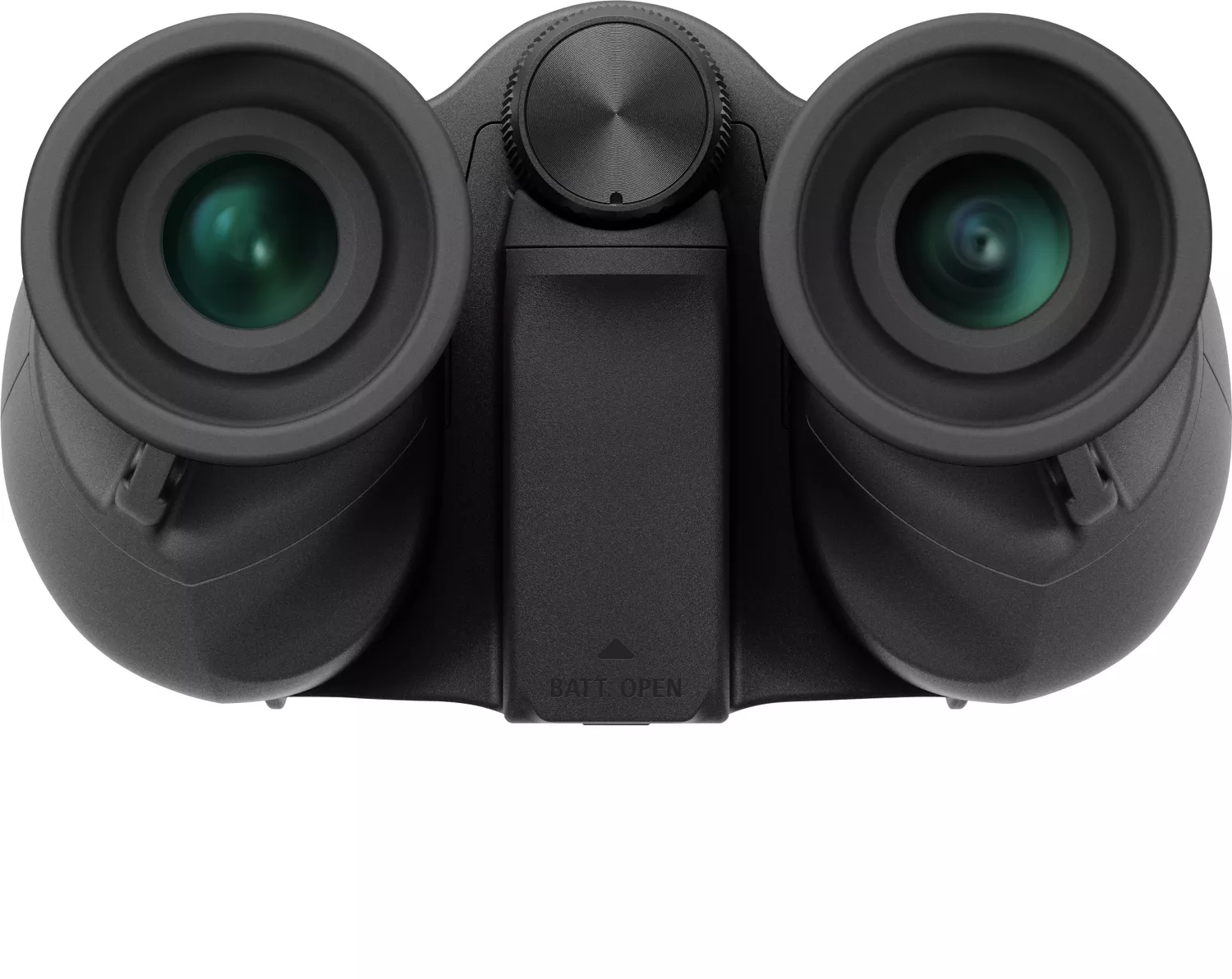 Nahaufnahme eines Fernglases mit grünen Linsen. Fokusrad oben und Batteriefach unten.