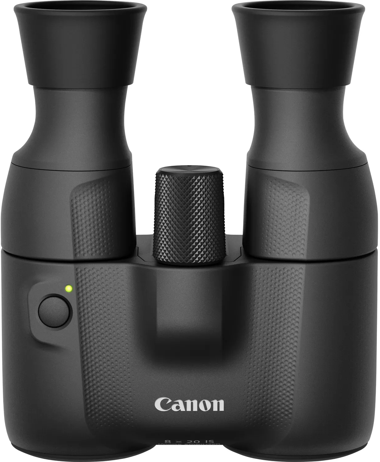 Schwarzes Fernglas mit Fokusrad und Canon-Logo. Die Sucher sind deutlich sichtbar.