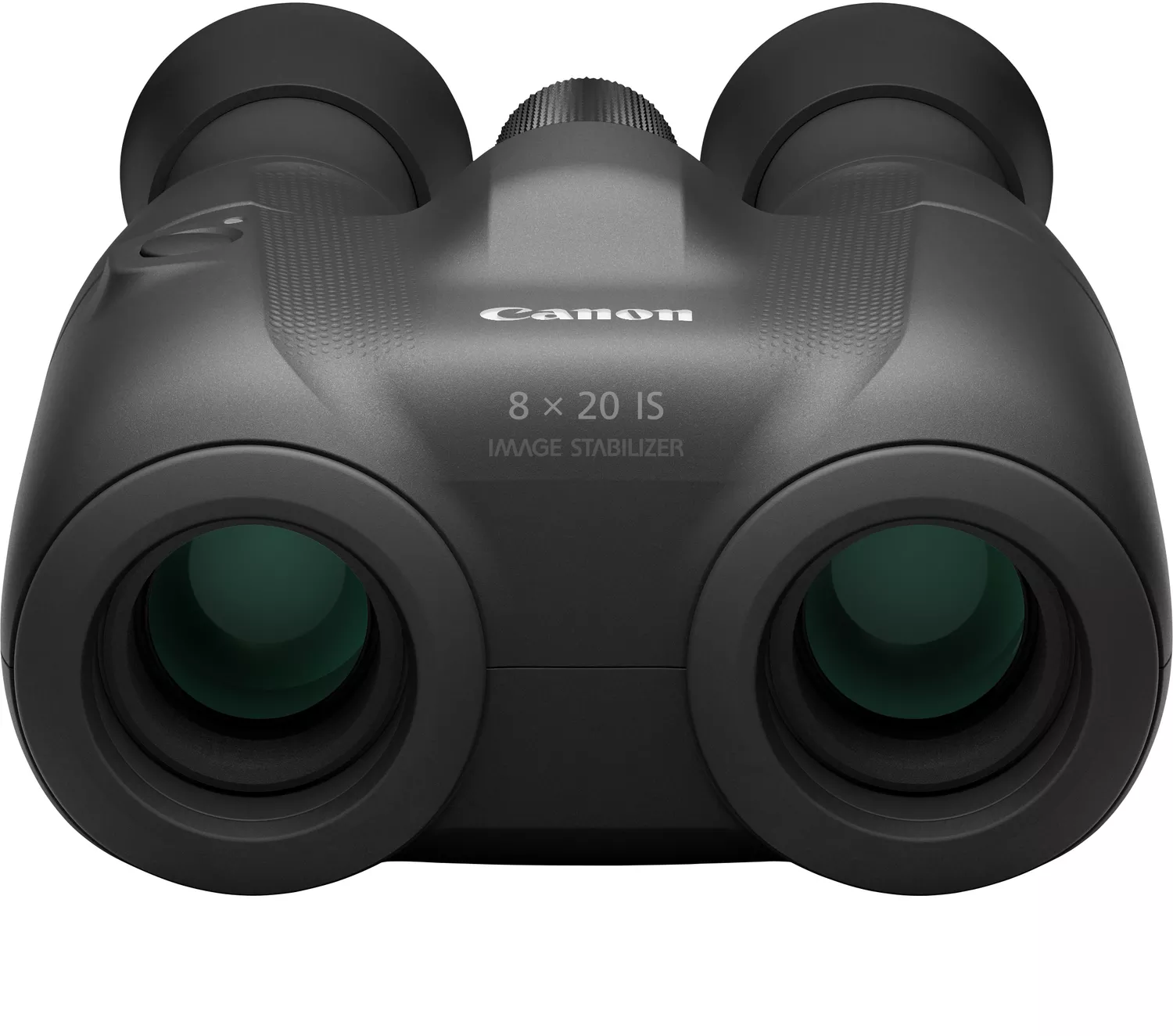 Schwarzes Canon Fernglas. Das Fernglas hat zwei Linsen und der Markenname ist sichtbar.