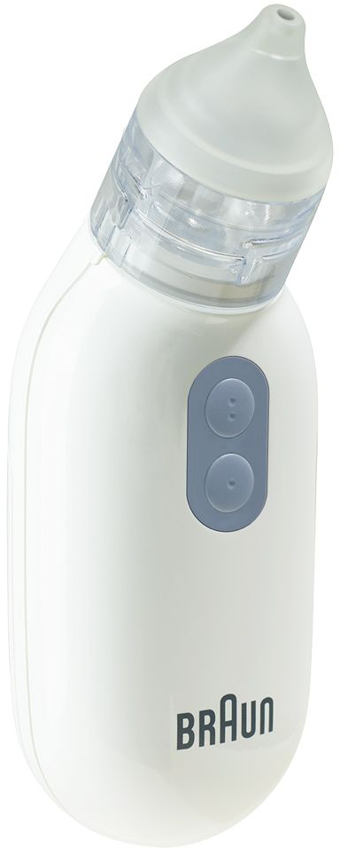 Un aspiratore nasale per bambini bianco con due pulsanti grigi e il logo Braun.