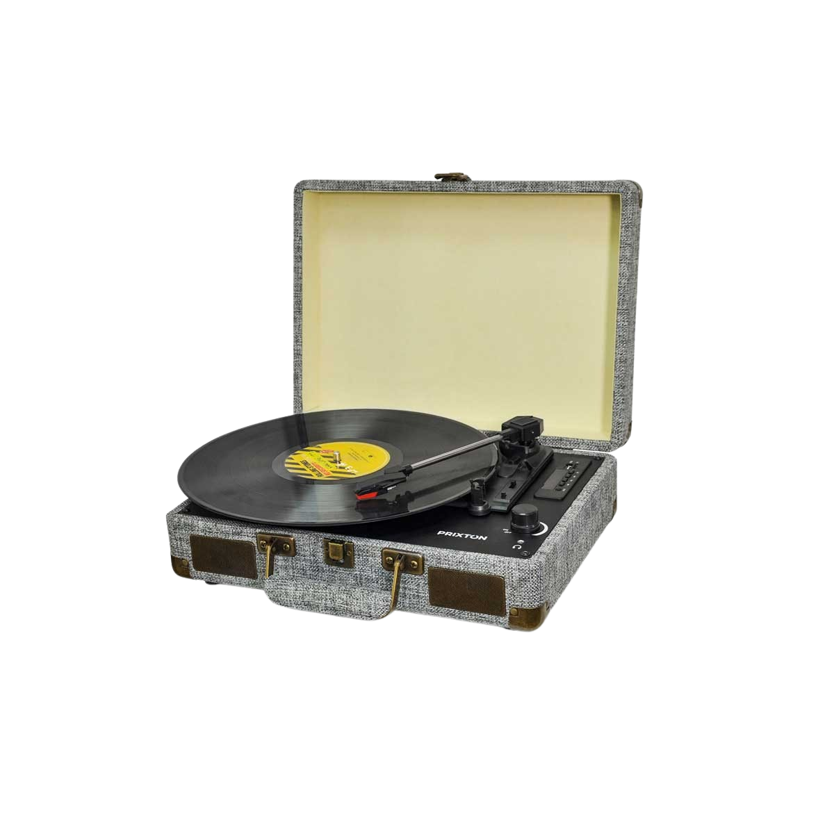 Prixton Vc400 Tocadiscos de vinilo vintage reproductor y musica mediante bluetooth usb 2 altavoces incorporados diseño maleta color gris tela convertidor grey manual 33 13 45 78