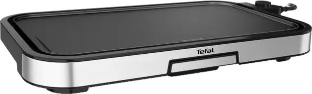 Une plaque électrique Tefal noire et argentée avec une poignée.
