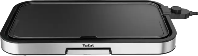 Plancha noire et argentée, la marque Tefal en bas. Il y a un cadran de puissance.