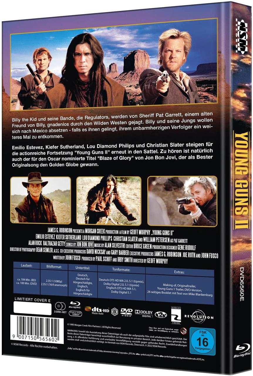 DVD-Hülle von 'Young Guns II'. Artwork zeigt Schauspieler mit Waffen. Schwarzer Rücken mit Titel.