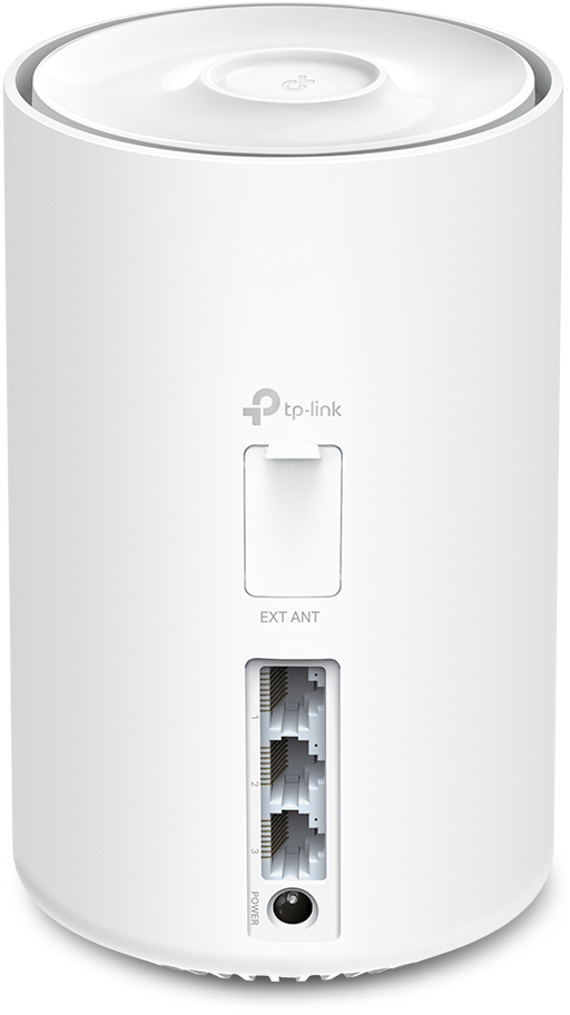 Fehér hengeres TP-Link mesh Wi-Fi router portokkal és bemenettel.