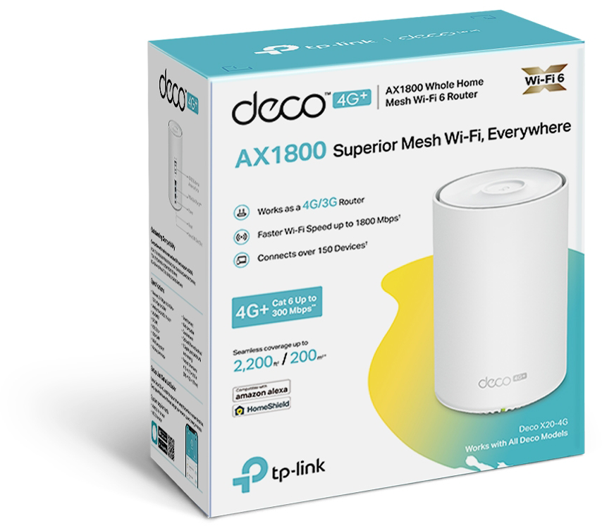 Fehér-kék TP-Link Deco 4G+ doboz termékinformációval és 4G/3G routerrel.