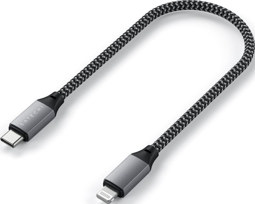 Câble tressé USB-C vers Lightning. Connecteurs gris et câble tressé noir et gris.