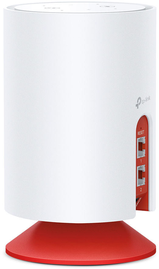 Egy fehér tp-link Wi-Fi jelerősítő piros részletekkel az alján és a hátulján.