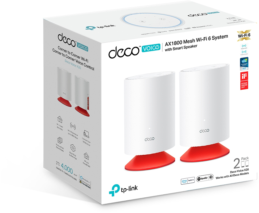 Fehér és piros Deco Voice Wi-Fi rendszer két fehér hengerrel és egy okoshangszóróval a tetején.
