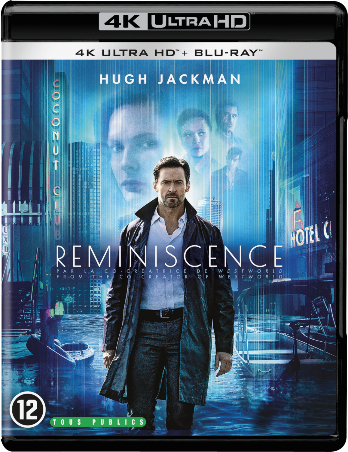 Filmposter: Hugh Jackman in jas, stadsachtergrond, getiteld 'Reminiscence'.