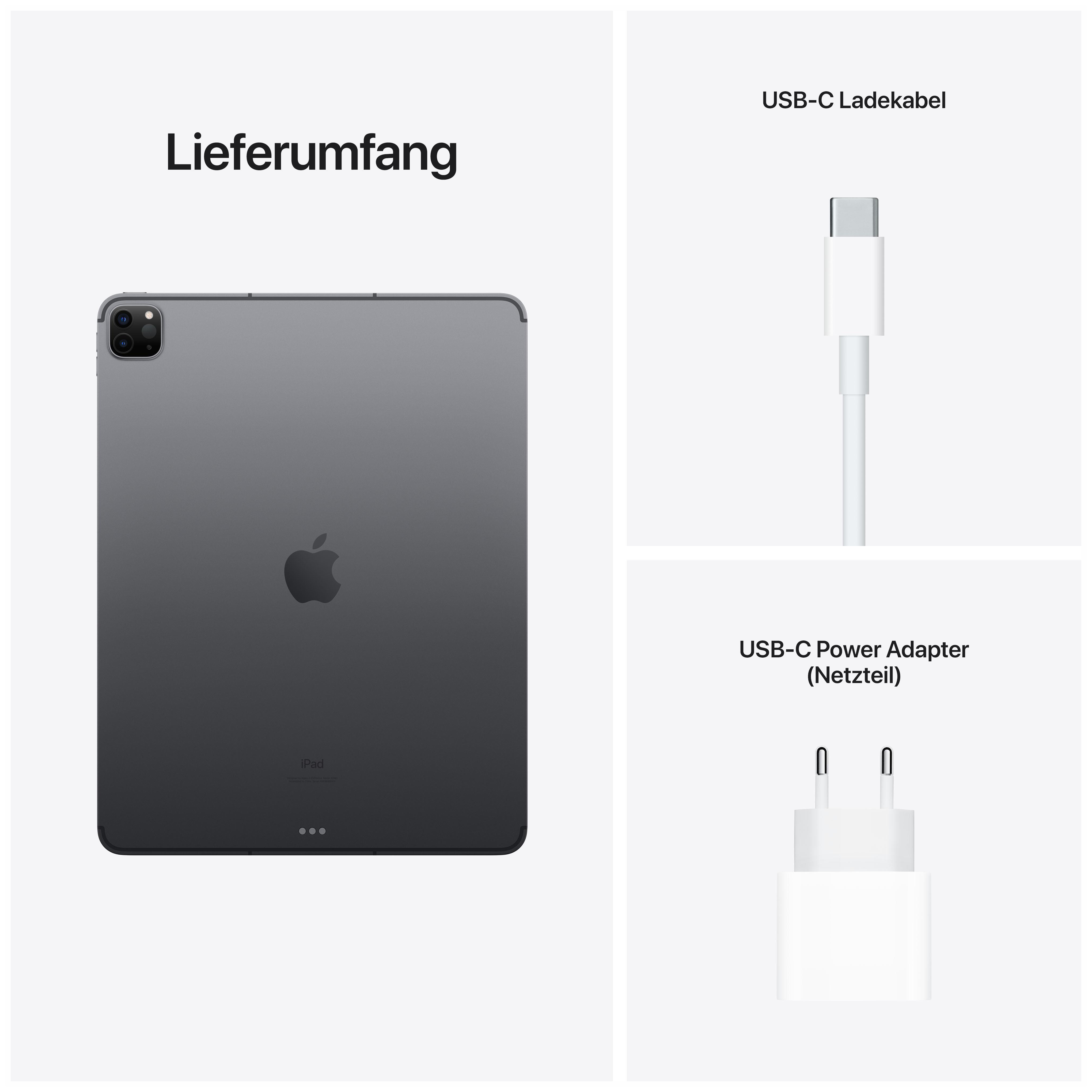 iPad mit Ladegerät und Adapter. Enthält das iPad, ein USB-C-Kabel und ein Netzteil.