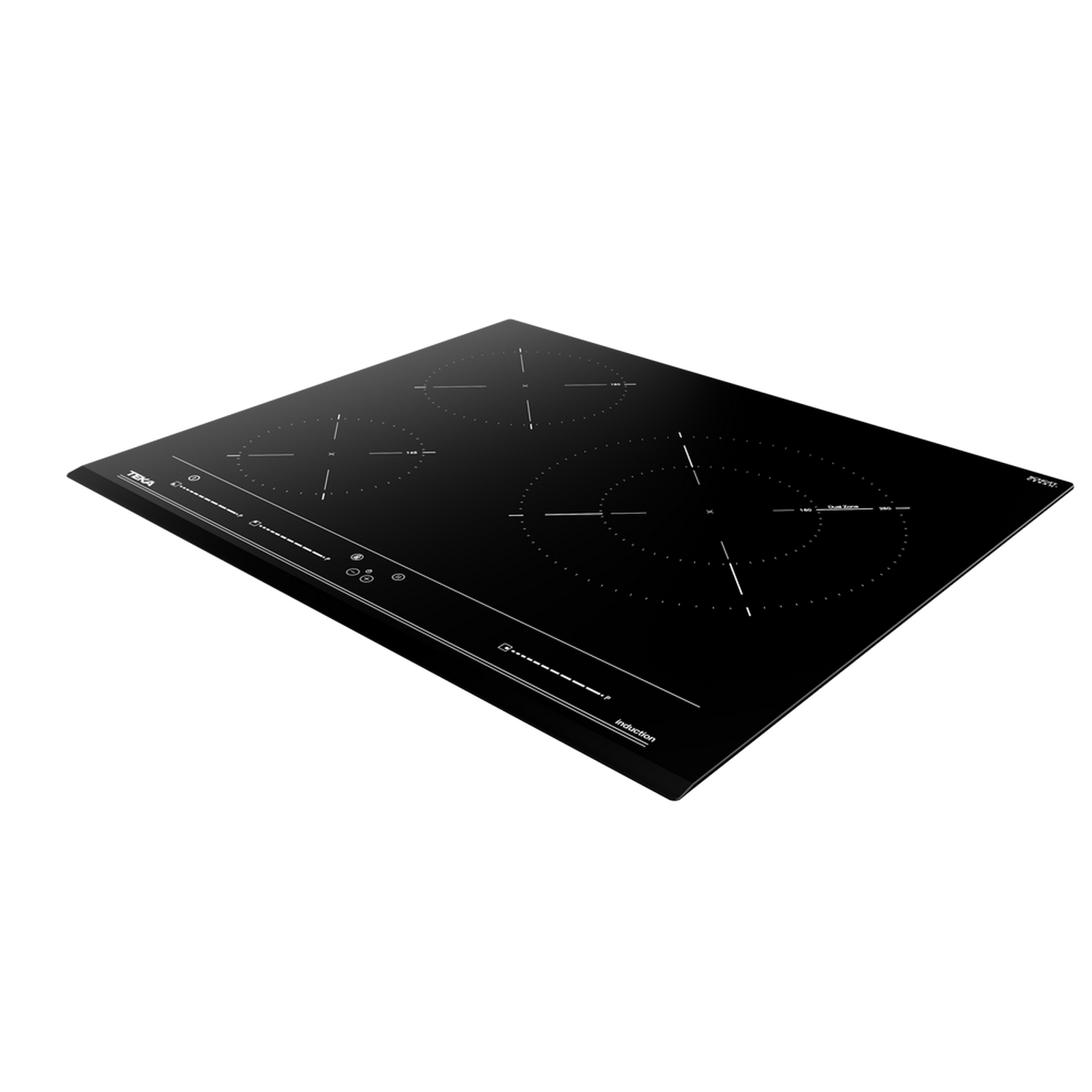 Una placa de inducción negra con cuatro quemadores, diseño moderno.