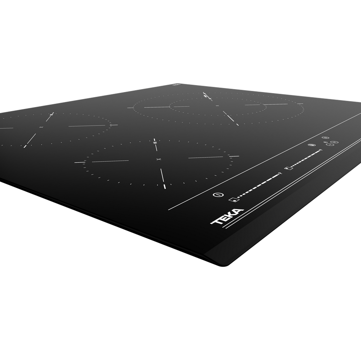 Una placa de inducción negra con cuatro zonas de cocción circulares y un logotipo de TEKA en una superficie brillante.