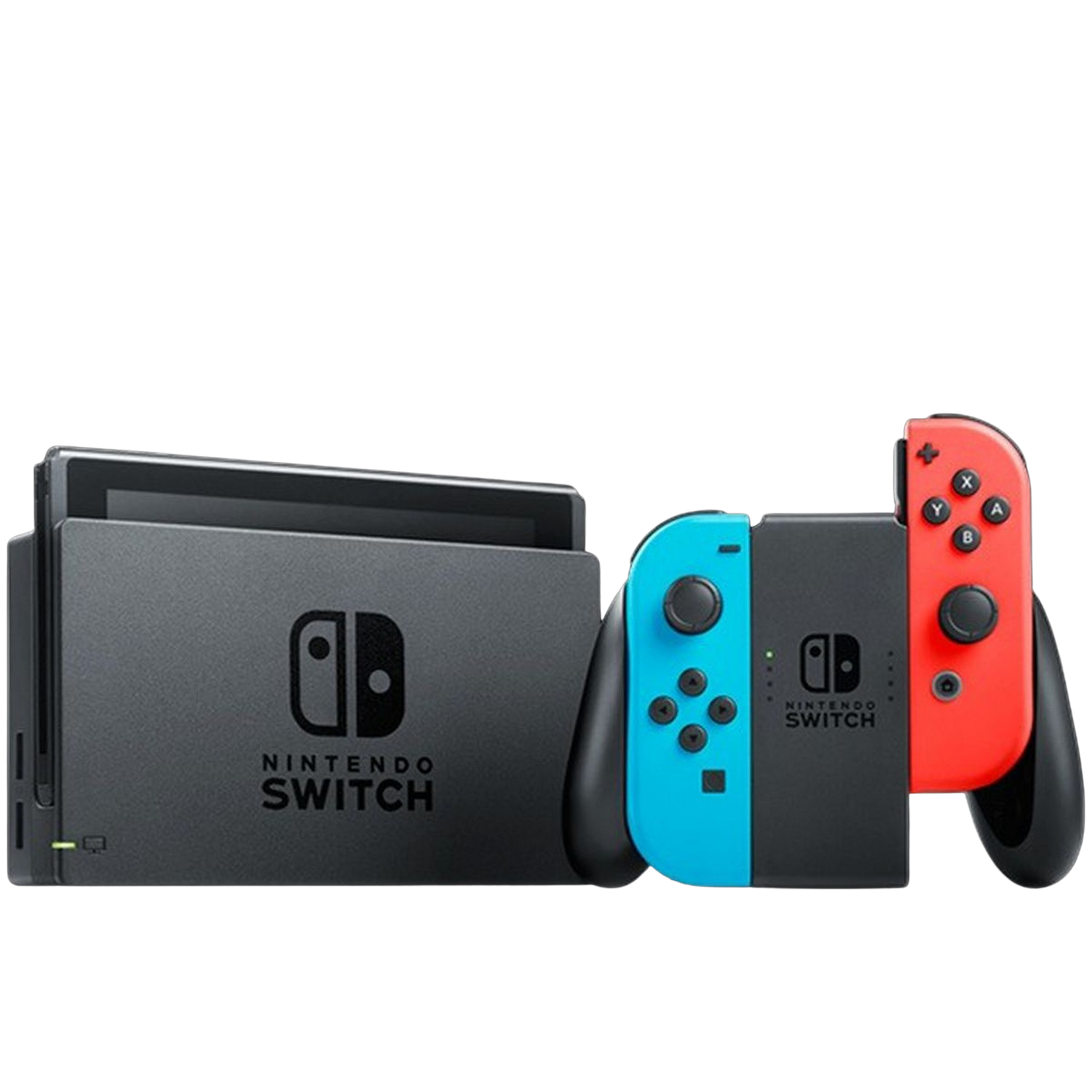 Consola Nintendo Switch con mandos Joy-Con. La consola es negra, mandos azul y rojo.