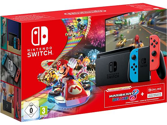 Consola - Nintendo Switch, Joy-Con, Azul y Rojo + Mario Kart 8 Deluxe (Código de descarga) + 3 meses Nintendo Switch Online