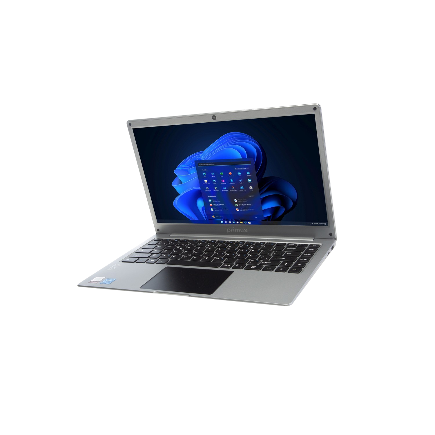 Laptop plateado sobre fondo negro. Pantalla muestra la interfaz de Windows.