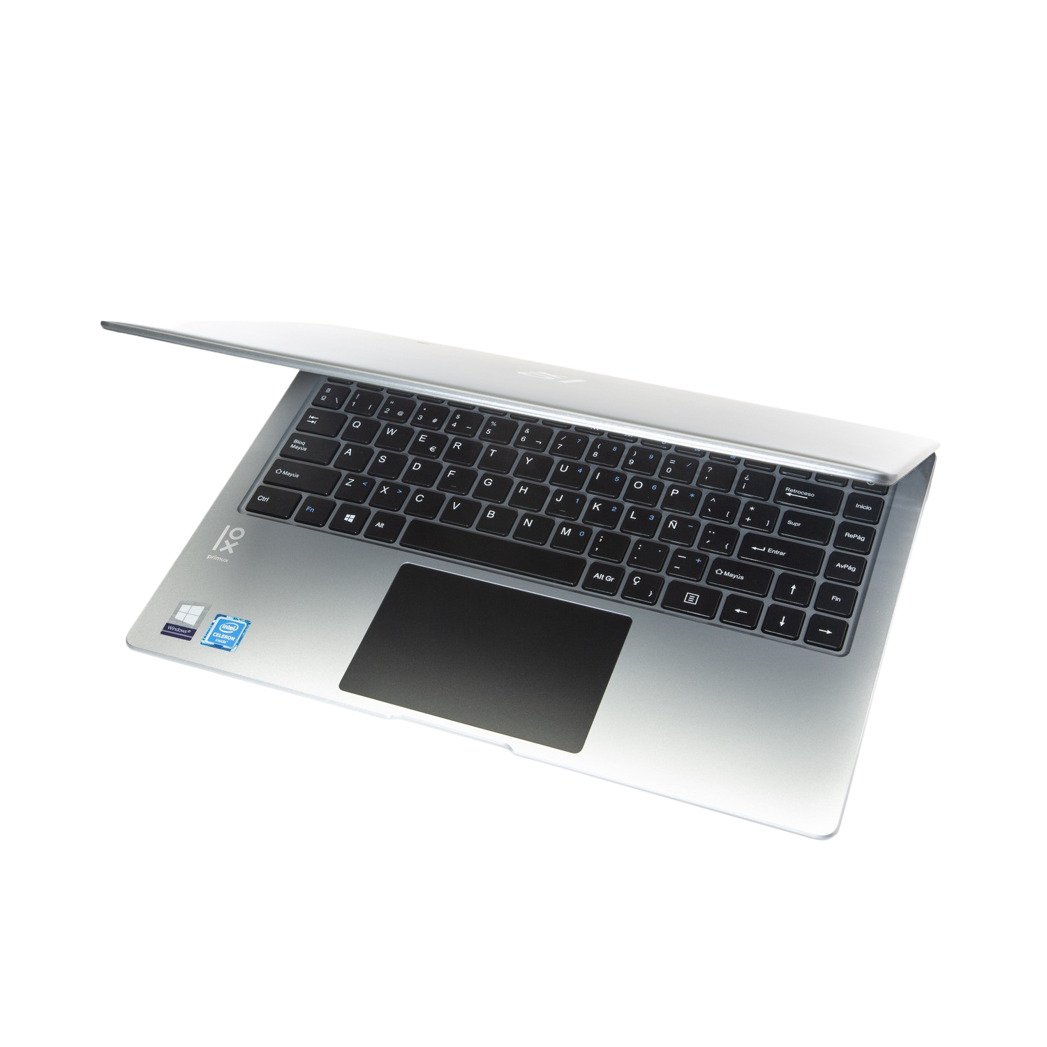 Portátil sobre una superficie oscura, abierto con el teclado visible. La pantalla está inclinada hacia arriba.