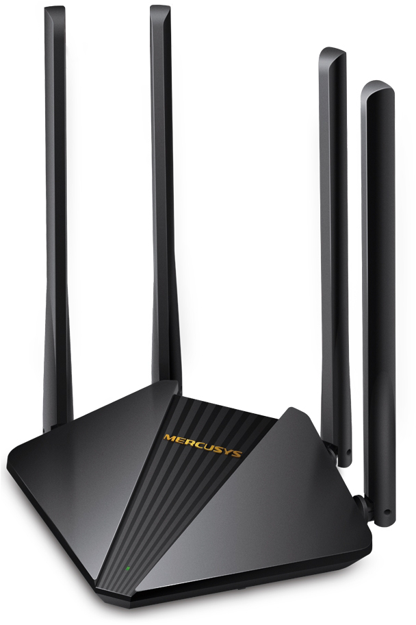Fekete Mercusys router négy antennával, fehér háttéren, szögből nézve.