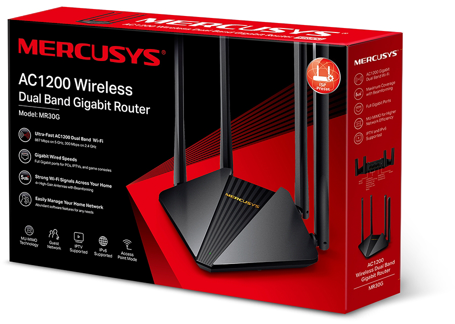 Router doboz, piros-fekete design, a 'Mercusys' márkával és termékadatokkal.