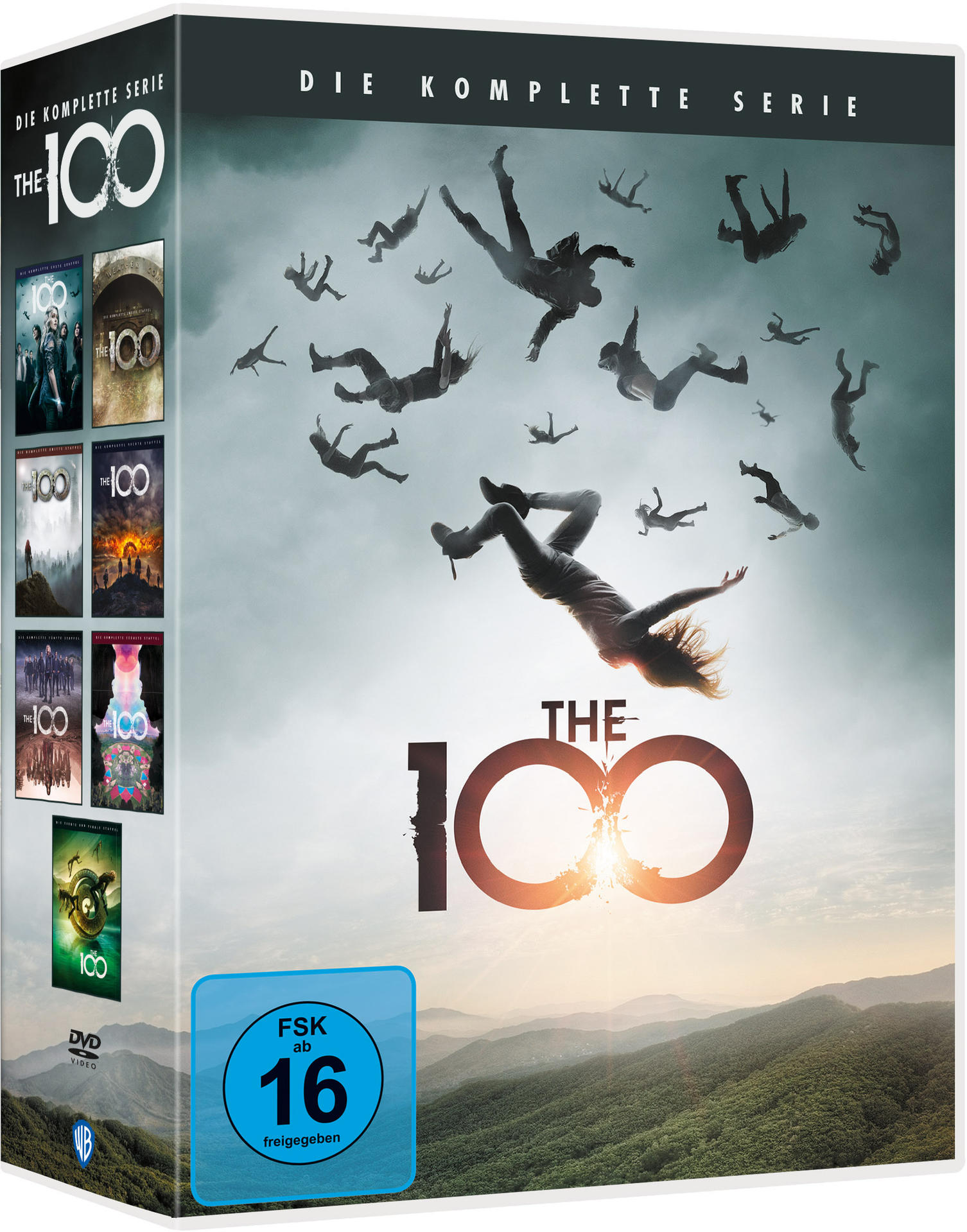 Box-Set der DVD-Serie 'The 100' mit stürzenden Figuren und Bergkulisse.