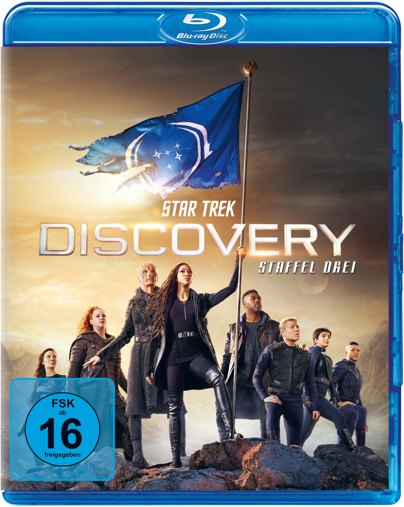 Star Trek Discovery Blu-ray-Cover mit Besetzung und Flagge.