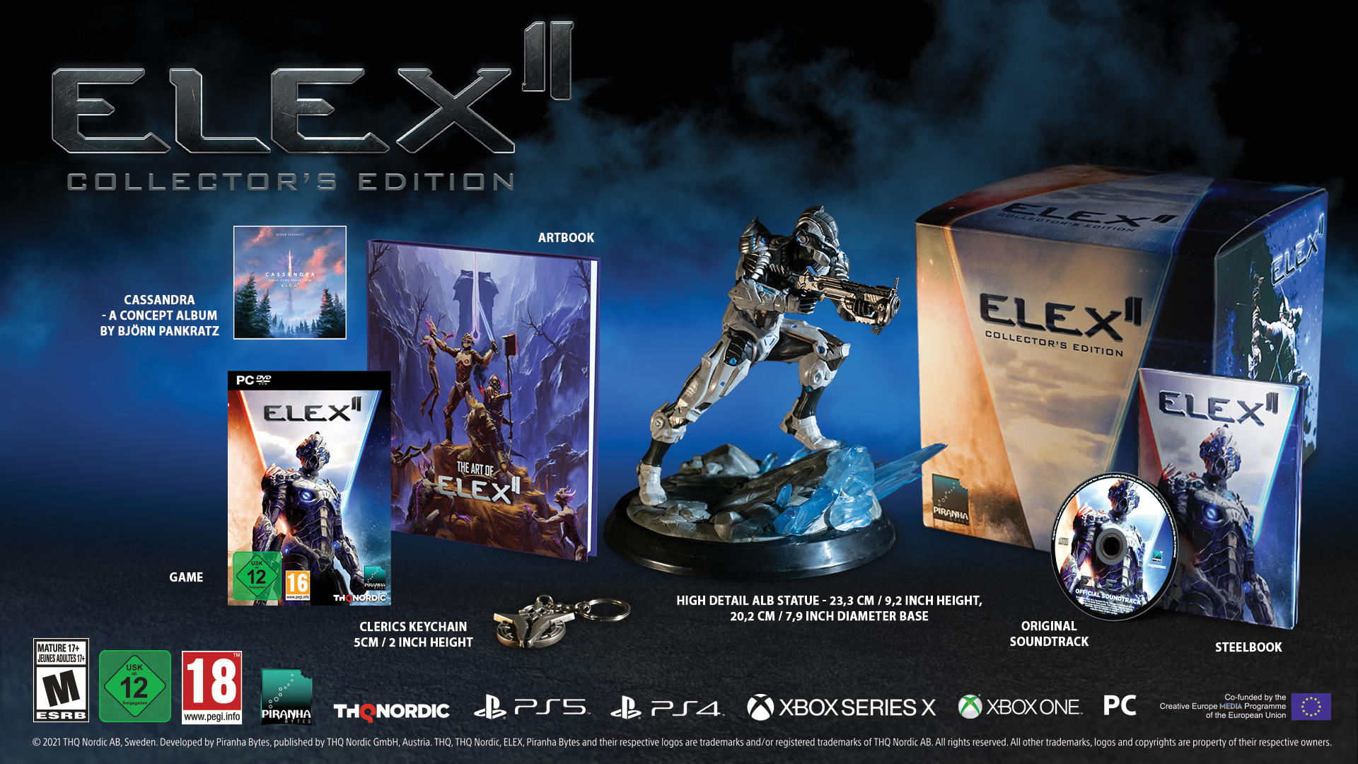 ELEX II Collector's Edition. Der Inhalt umfasst eine Statue, ein Artbook, einen Soundtrack und eine Spiel-Disc.