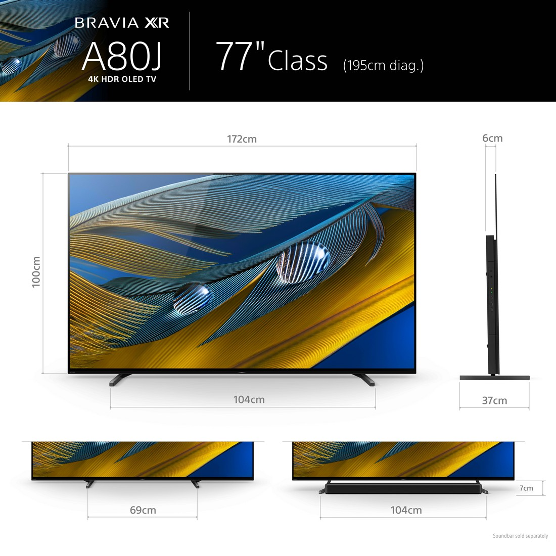 TV OLED 77" - Sony 77A80J, Bravia XR OLED, 4K HDR 120 Hz, Smart TV, Acoustic Surface, Dolby Vision, IA, Negro