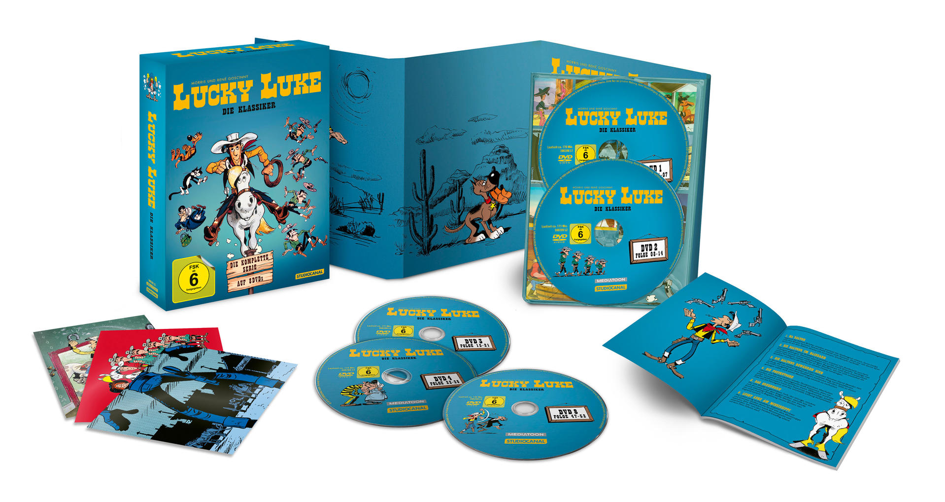 Eine Lucky Luke DVD-Box. Die Box ist blau mit Comic-Illustrationen von Lucky Luke und seinem Pferd. Mehrere DVDs und Broschüren sind sichtbar.