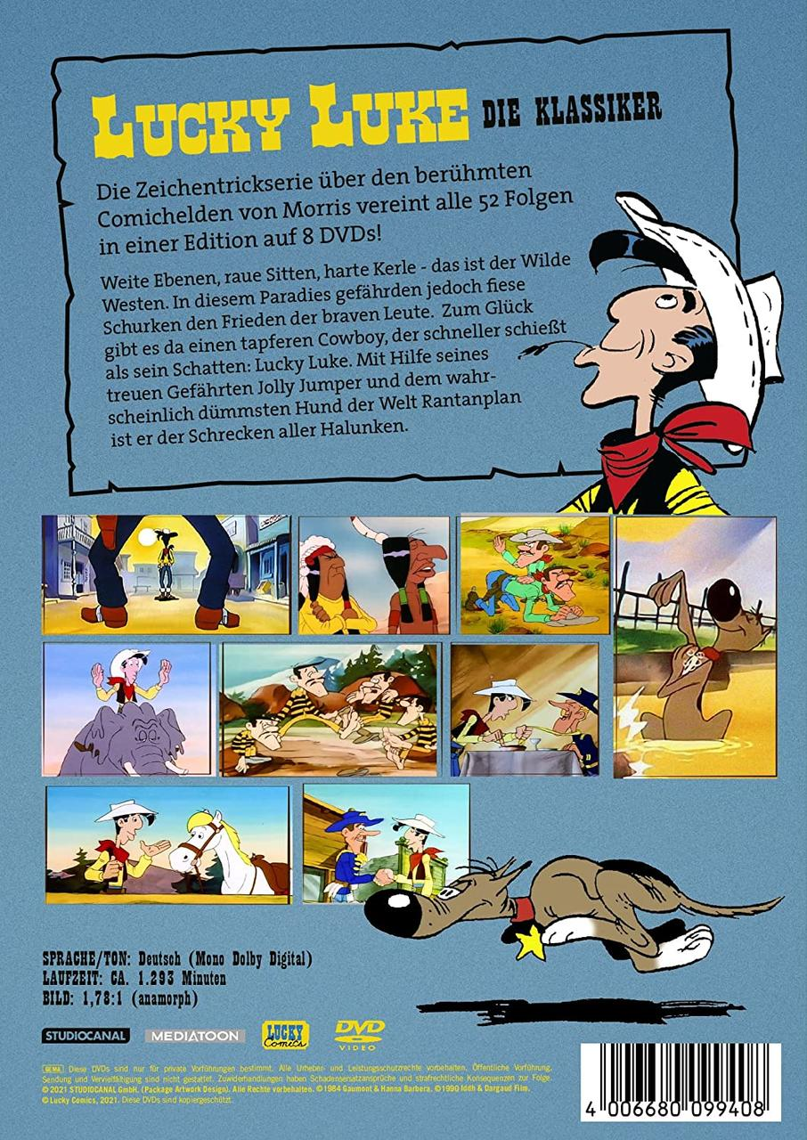 DVD-Cover von Lucky Luke mit Comic-Szenen. Titel in Gelb. Cowboy-Figur mit weißem Hut und einem Hund.