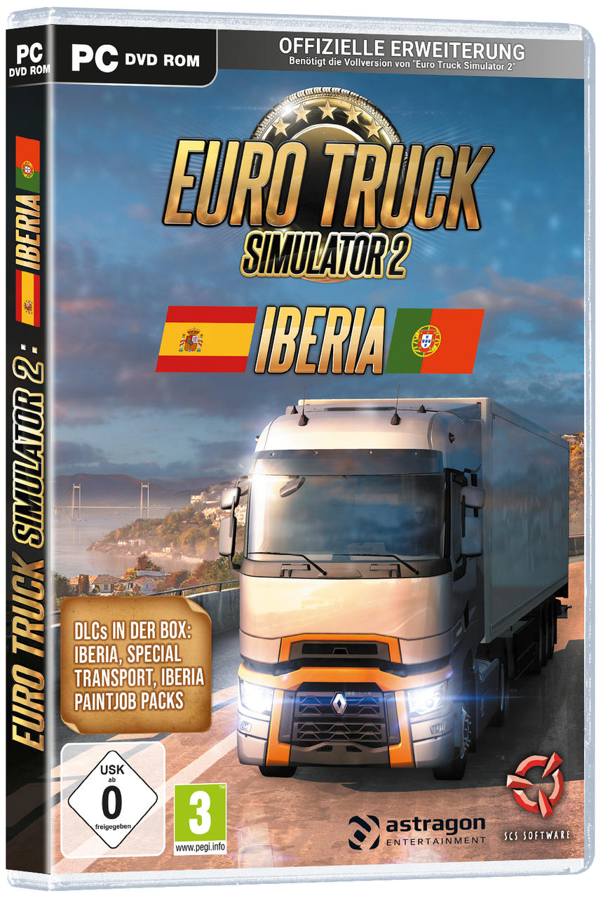 Spielbox von Euro Truck Simulator 2: Iberia. LKW auf dem Cover, Flaggen von Spanien und Portugal.