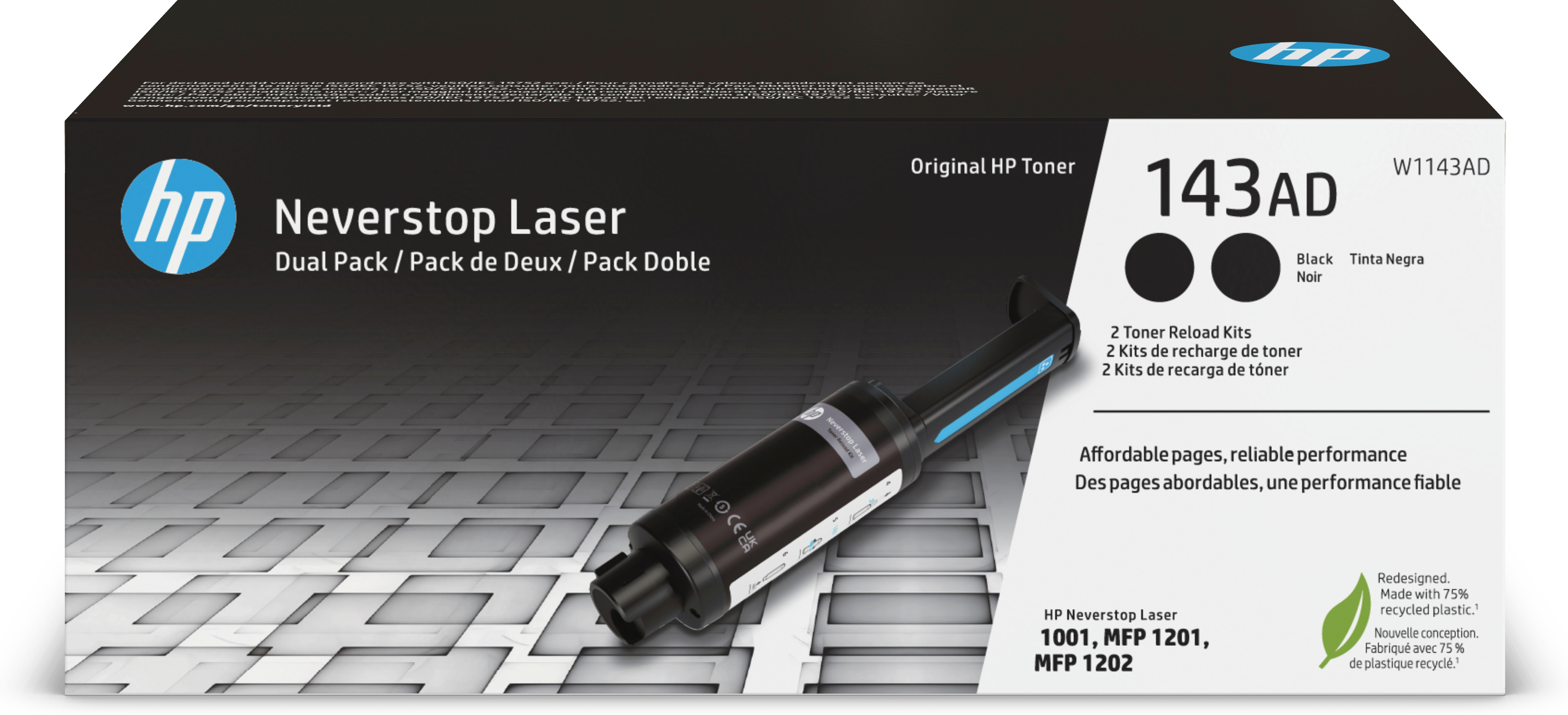 HP Neverstop Laser Tonerkartuschenbox. Sie enthält schwarze Toner-Nachfüllkits und das HP-Logo.
