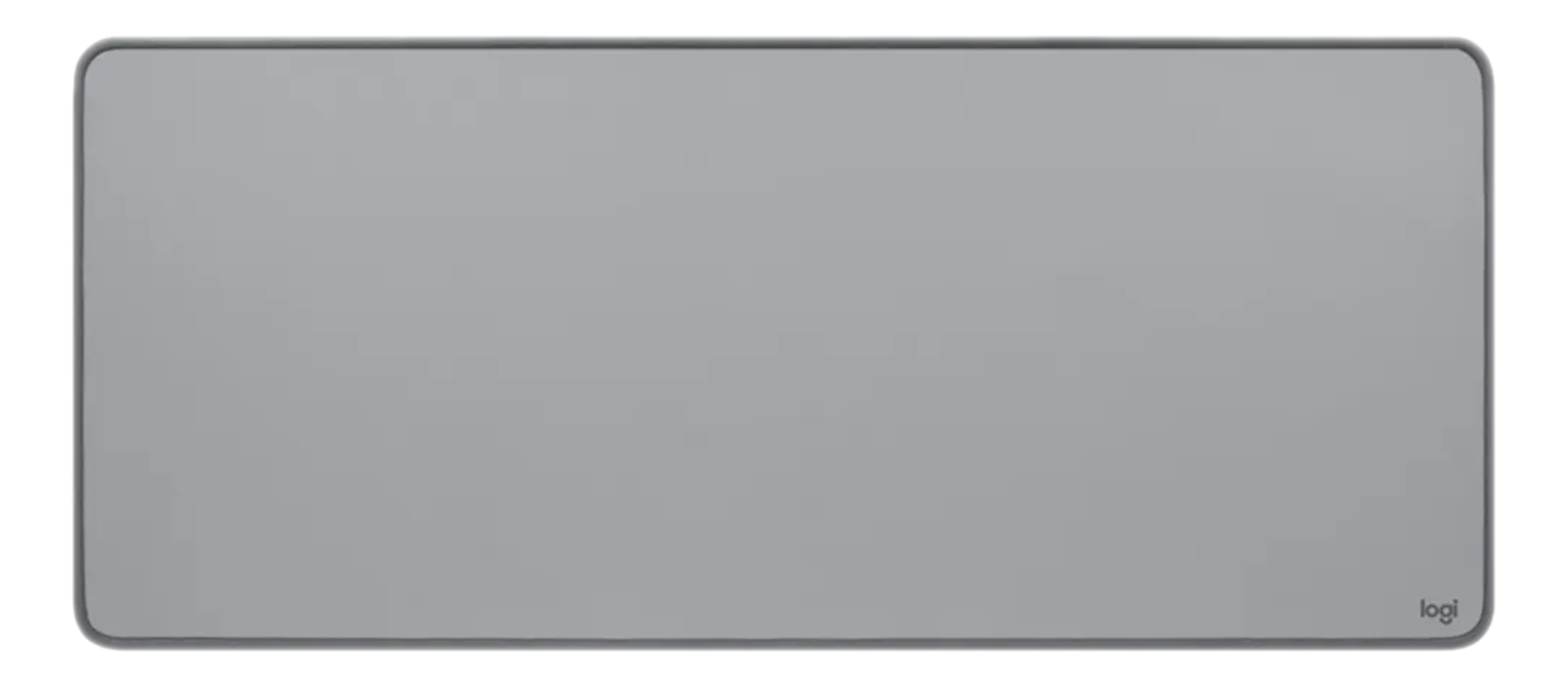 Tapis de souris rectangulaire gris avec bord gris foncé et logo en bas à droite.