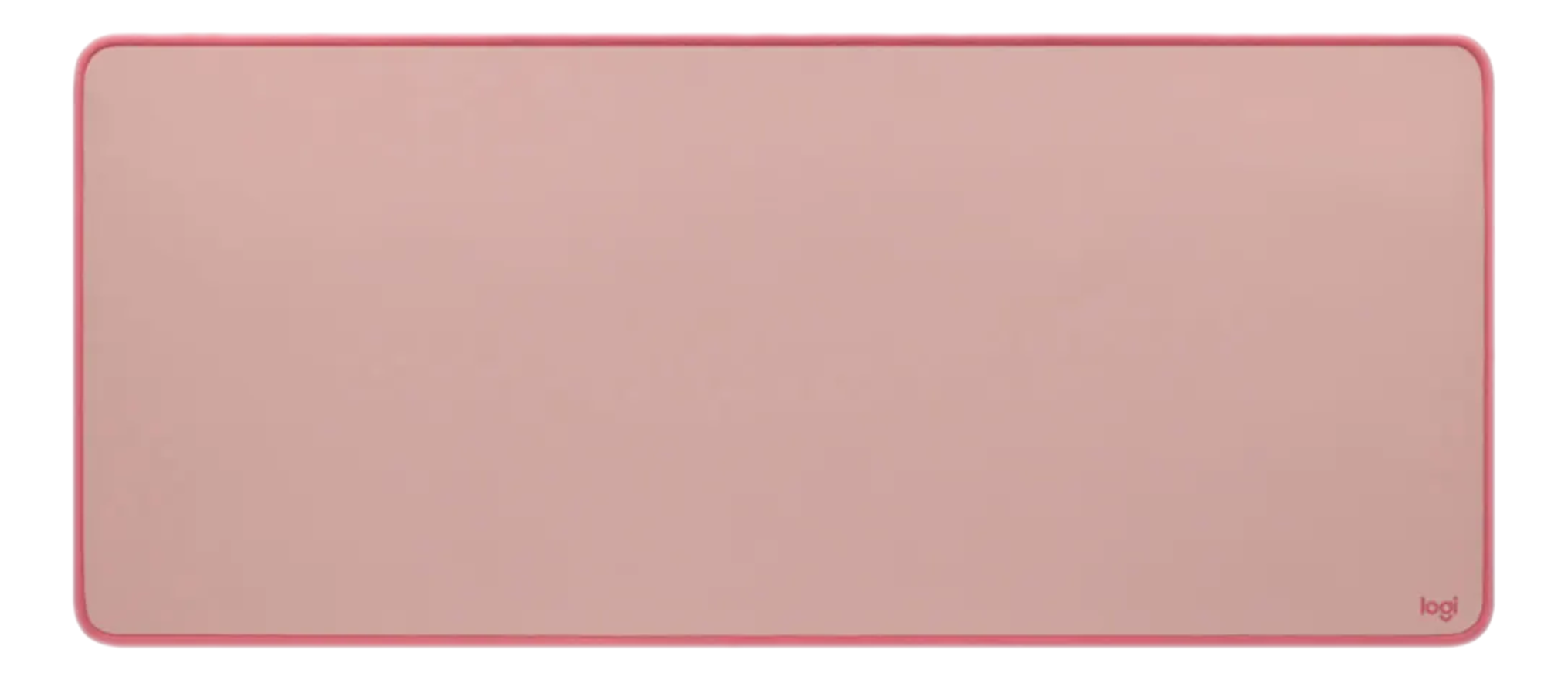 Ein rosa Mousepad mit rosa Rand und dem Logi-Logo in der Ecke.