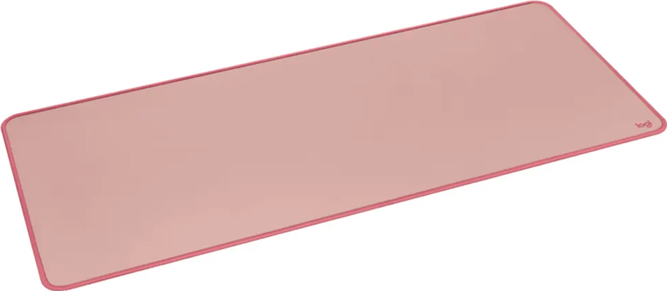 Rosa Mauspad mit abgerundeten Ecken. Logo auf der rechten Seite. Weißer Hintergrund.
