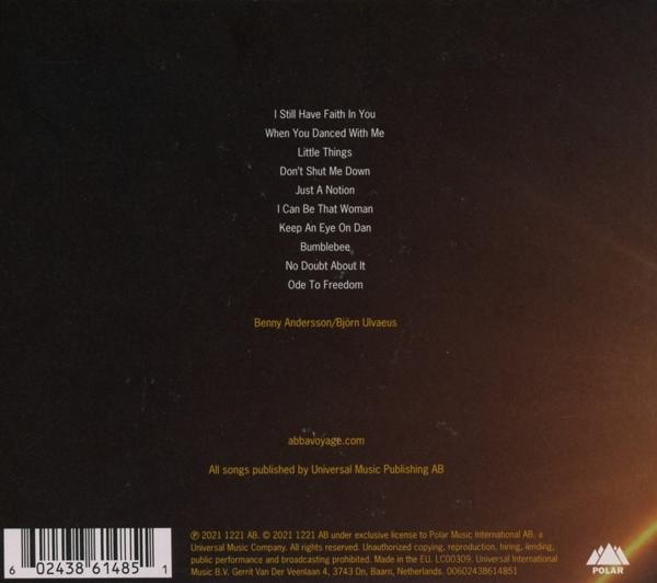 Egy ABBA album hátlapja, a dalok listájával és szerzői jogi információkkal.