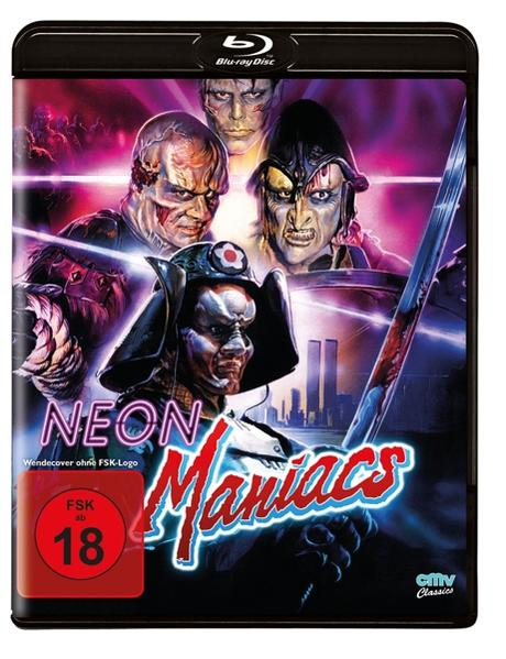 Blu-ray-Cover. Film "Neon Maniacs". Vier Monster schauen mit Waffen den Betrachter an.